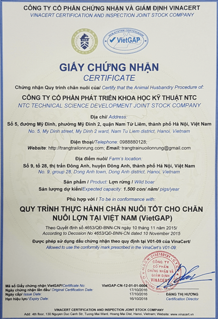 chứng nhận trang trại lợn rừng NTC đạt tiêu chuẩn Vietgap